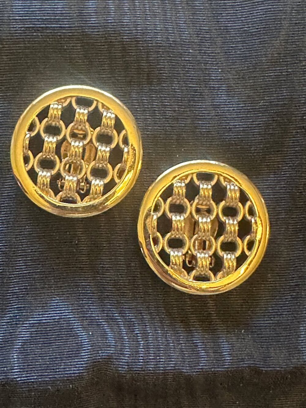Vintage Gold Tone Openwork Lattice Clip On Earrings 1.25"